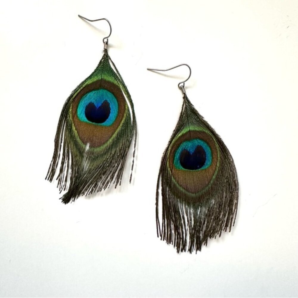 Peacock Feather Earrings Boho Chic Festival Jewelry - Picture 2 of 9